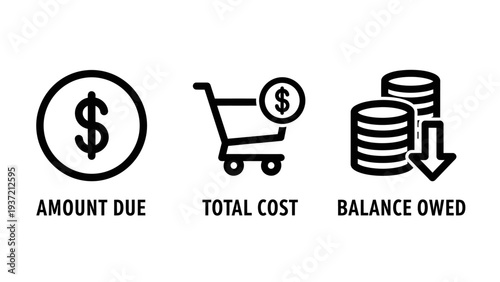 Financial icons: dollar coin for amount due, shopping cart for total cost, stacked coins with down arrow for balance owed