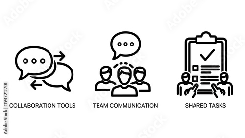 Teamwork icons: collaboration tools, team communication, and shared tasks for project management and productivity.