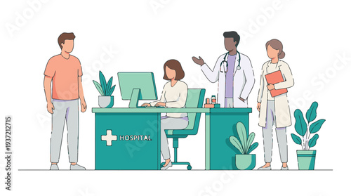 Medical team, receptionist, and patient at hospital reception desk