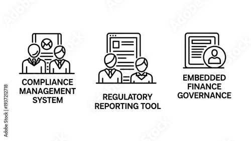 Business compliance icons: management system, regulatory reporting tool, and embedded finance governance.