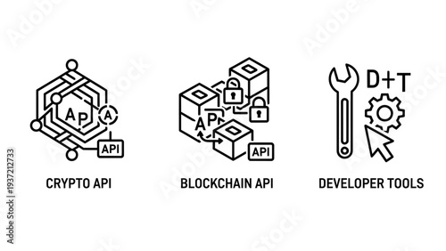 API and development icons: crypto API, blockchain API, and developer tools for software integration and building.