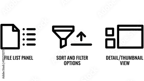 File List Panel, Sort and Filter Options, Detail/Thumbnail View - Icon Set for User Interface Navigation and Data Display