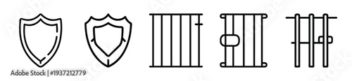 Modern security icons including shields and gates in black outline style