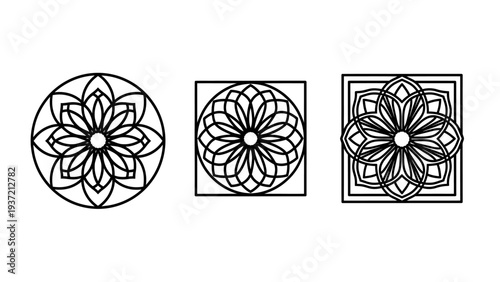 Collection of ornamental mandala patterns and geometric floral designs in black outline.