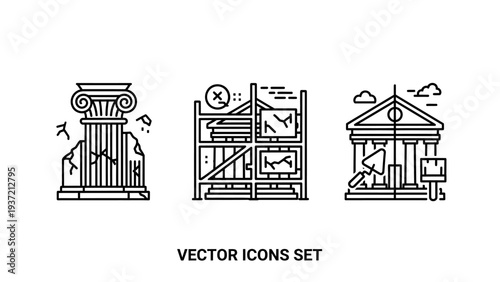 Vector icons illustrating building restoration: cracked column, scaffolding on damaged structure, and construction site.