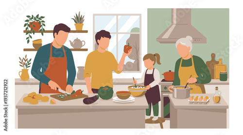 Multi-generational family cooking healthy meal together in a modern kitchen