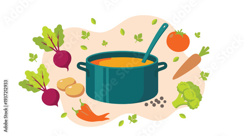Cooking delicious homemade soup with fresh vegetables illustration