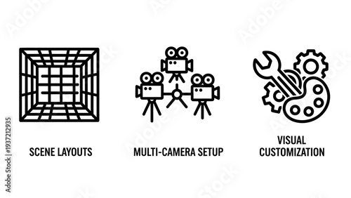 Creative Production and Visual Design Icons. Scene Layouts, Multi-Camera Setup, and Visual Customization Tools Line Art for Media.