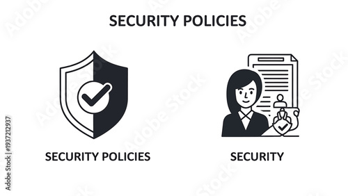Digital Security Policies and Data Protection Icons. Shield with Checkmark and Secured Documents for Cyber Safety Compliance.