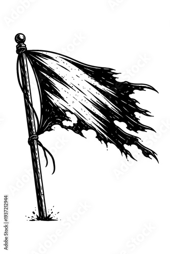 tattered flag on pole with ripped edges and worn fabric illustration