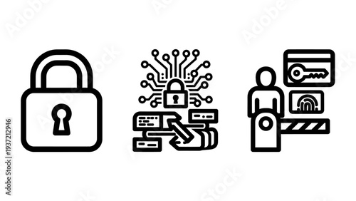 Digital Access Control and Cybersecurity Icons. Padlock, Circuit Board Security, and Keycard Reader for Restricted Entry Systems.