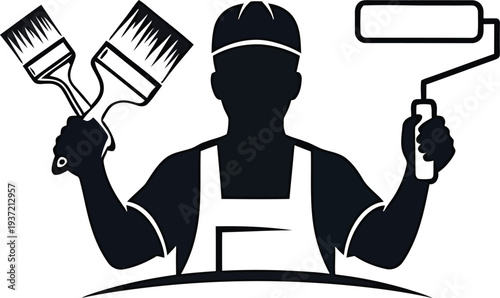 Professional House Painter Holding Paint Brushes and Roller Painting Service Worker Illustration