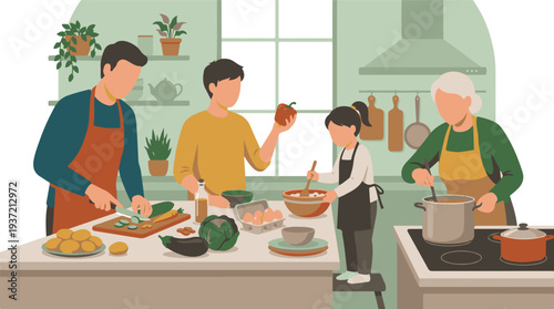 Multi-generational family cooking healthy meal together in a bright kitchen