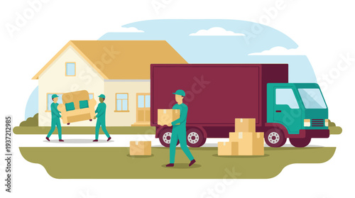 Movers loading furniture and boxes onto a truck for house relocation.