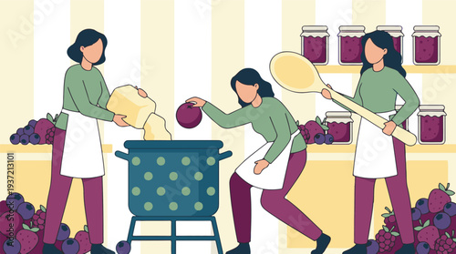 Women making homemade berry jam with fresh fruit in a kitchen illustration