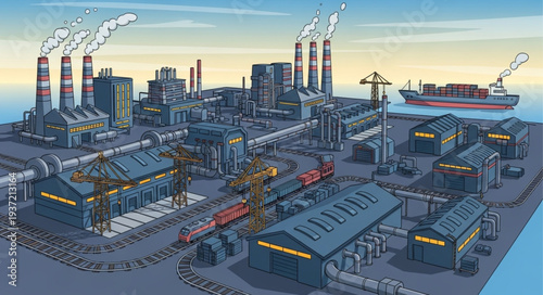 Industrial Factory Complex with Smoke Emissions and Docked Ships.