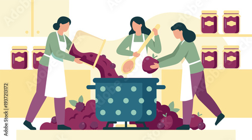 Women preparing homemade fruit jam in a kitchen with fresh ingredients