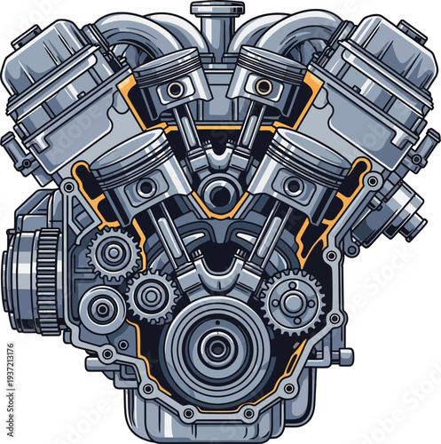 Detailed Cutaway View of a V8 Engine Block with Pistons and Gears.