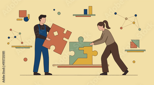 Teamwork concept: Business people assembling puzzle pieces, solving problems.