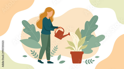 Woman taking care of houseplant with watering can, home gardening hobby