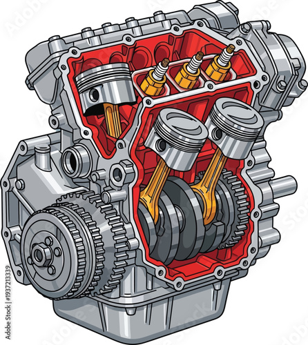 Detailed Cutaway View of a Four-Cylinder Internal Combustion Engine.