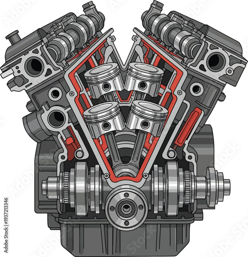 Detailed Cutaway View of a V8 Engine with Pistons and Crankshaft Visible.