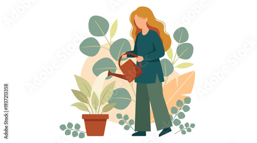 Woman watering houseplant with a watering can, home gardening hobby