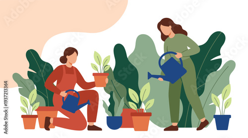 Two women gardening and caring for houseplants with watering cans