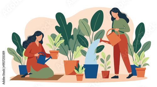 Two women tending to house plants with watering cans, gardening illustration