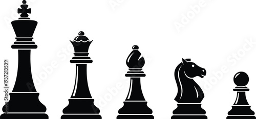 Black chess piece vector icon set featuring king, queen, bishop, knight, and pawn silhouettes for strategy games, competition branding, and board game illustrations