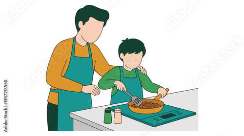 Father and son cooking together in the kitchen, a domestic family activity
