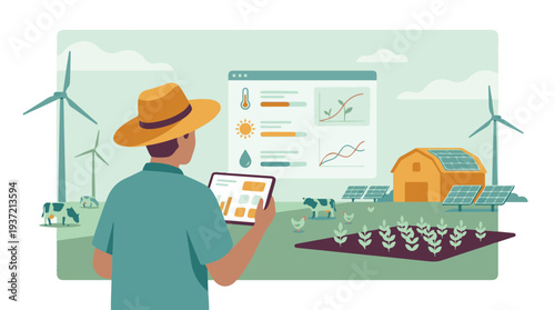 Farmer Using Tablet for Precision Agriculture on Sustainable Farm with Renewables