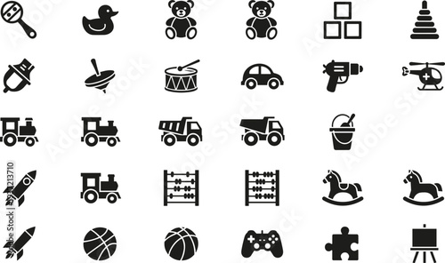 Black toy silhouette vector icon set featuring teddy bears, trains, rockets, rocking horses, building blocks, and various nursery play elements for childhood education