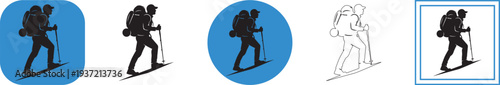 Collection of various vector graphic designs illustrating a hiker or mountaineer figure ascending a steep, snowy incline using trekking poles and a large backpack.