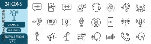Voice message and audio line icon set featuring microphone sound wave speech bubble and phone communication for podcast and music and more vector illustration or editable stroke