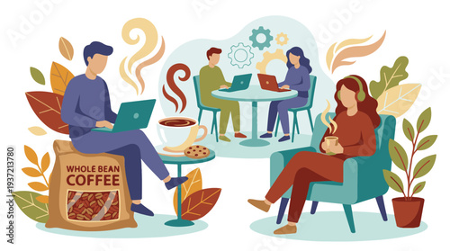 People working and relaxing in a modern coffee shop environment