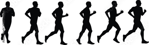 Male runner silhouettes. Group of men jogging or running in various poses, side view vector illustration