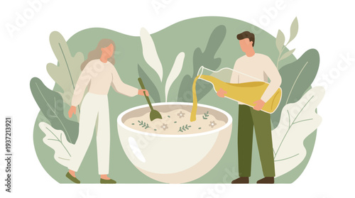 Couple preparing a healthy meal together, stirring and pouring ingredients