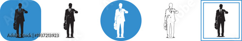 Collection of vector graphic illustrations depicting a sharply dressed businessman checking his wristwatch while standing firmly and holding an attaché case.
