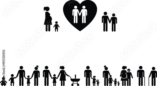 Family life silhouette vector collection featuring pregnant women, couples holding hands, parents with children, strollers, elderly people, and diverse domestic human relationship icons