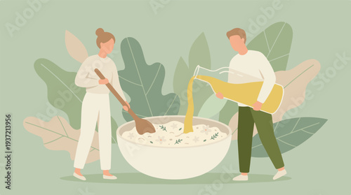 Couple preparing a healthy meal or beverage with natural ingredients