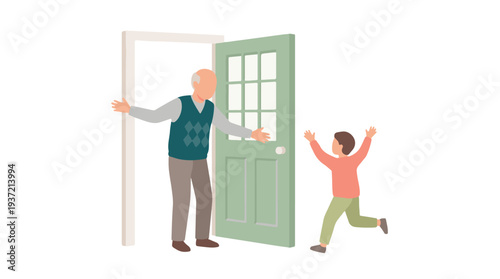 Grandfather welcoming excited grandson at open door for a family visit