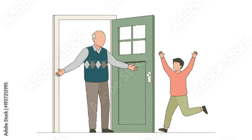 Happy family reunion: Grandfather welcomes excited grandson at home door