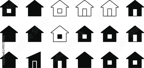 House silhouette vector icon set featuring various home shapes, residential building symbols, real estate property outlines, and simple architectural cottage design elements
