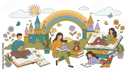 Whimsical illustration of people reading books in a fantasy landscape with castles