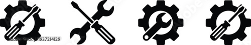 Industrial repair tool vector icon set featuring black silhouettes of gears, wrenches, and screwdrivers for maintenance, technical support, engineering, and construction services