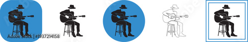 Minimalist vector graphic illustration depicting a seated musician wearing a fedora playing an acoustic guitar, presented in various modern icon styles.