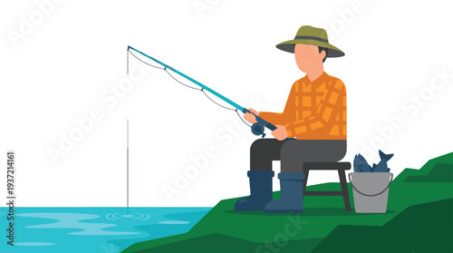 Cartoon illustration of a male angler fishing on the shore with a bucket of fish.