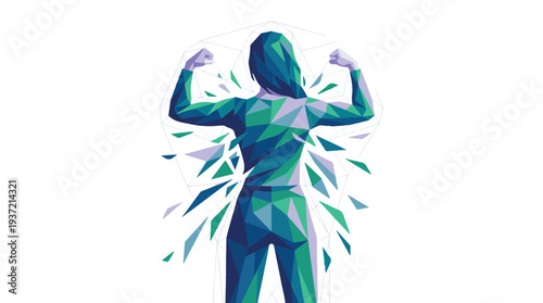 Geometric illustration of strong woman flexing, symbolizing power and strength