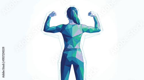Abstract digital woman flexing biceps, representing strength and technology